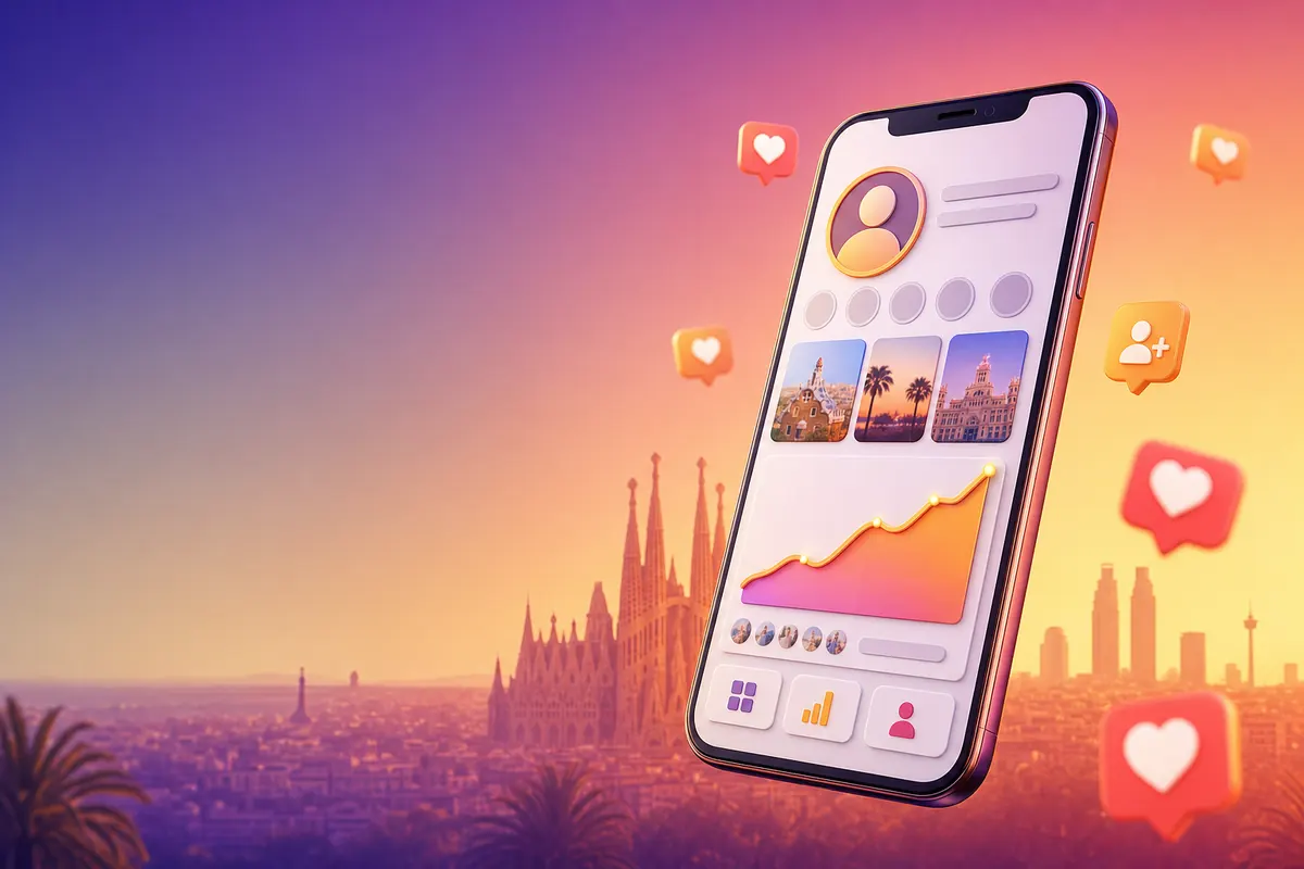 Teléfono con perfil de red social en crecimiento junto a la Sagrada Familia y el skyline de España