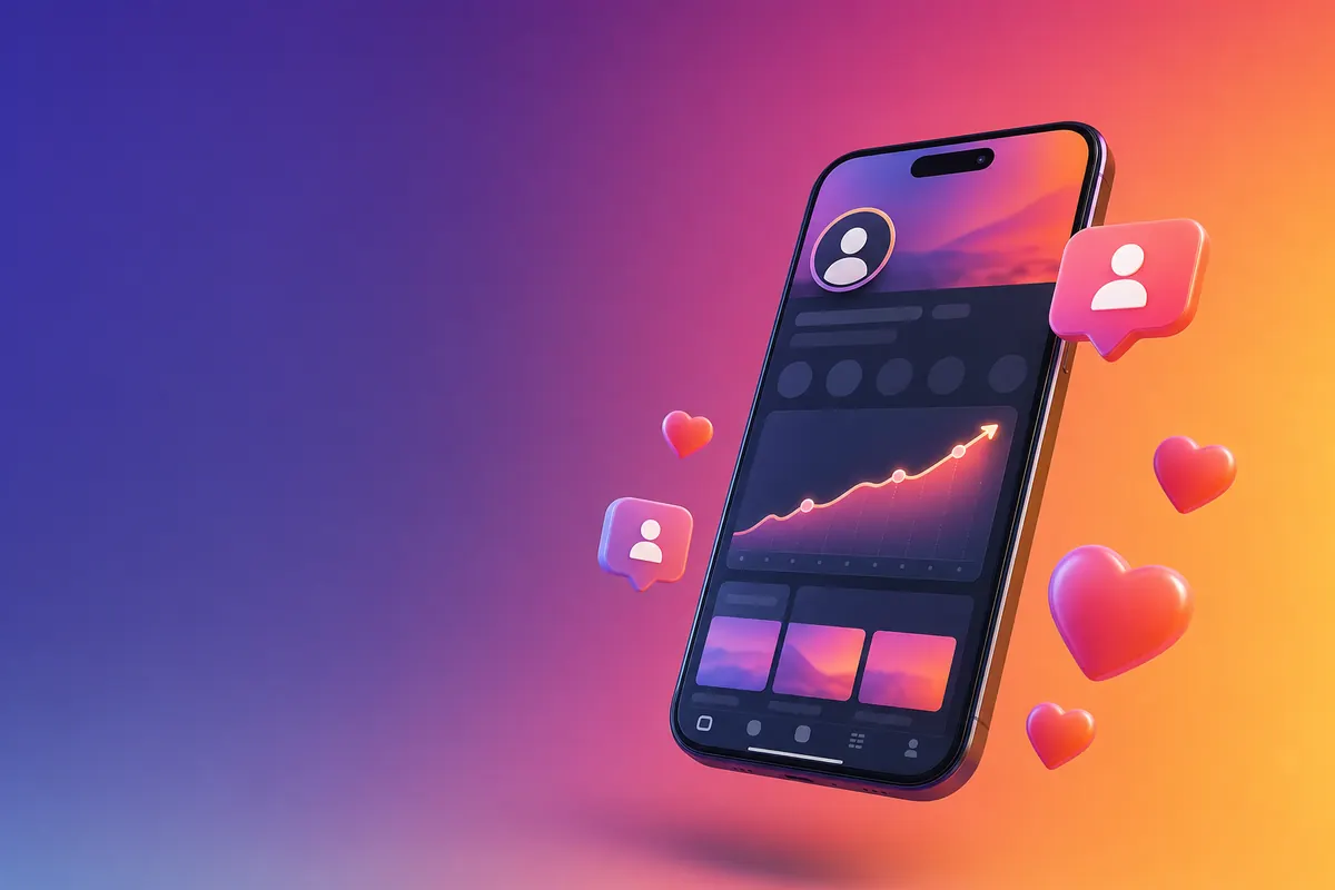 Teléfono mostrando un perfil de red social con seguidores en crecimiento, corazones y notificaciones de nuevos seguidores