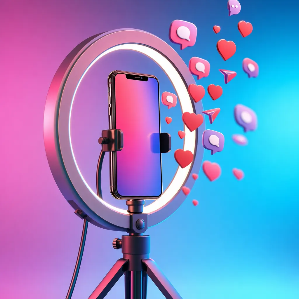 Aro de luz con un teléfono grabando un video de TikTok y reacciones de corazones y comentarios saliendo de la pantalla