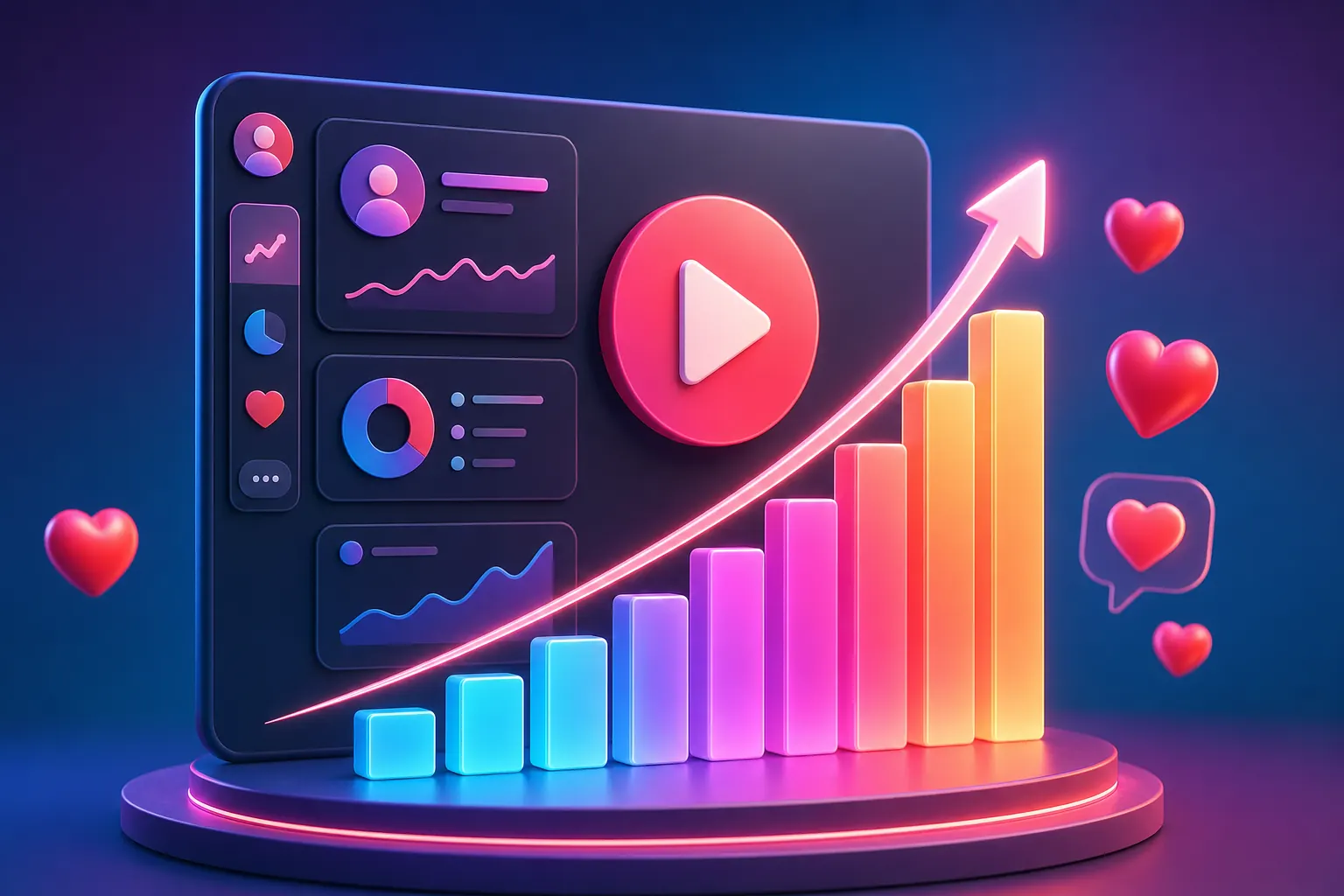 Panel con gráficas de crecimiento de seguidores y reproducciones de videos de TikTok en aumento