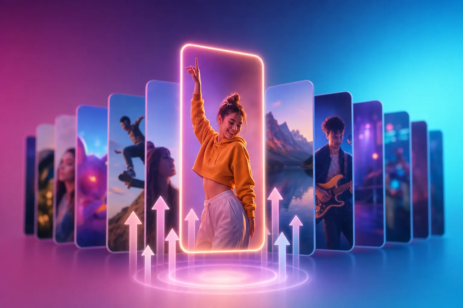 Videos verticales de TikTok en fila con flechas de crecimiento hacia el Para Ti