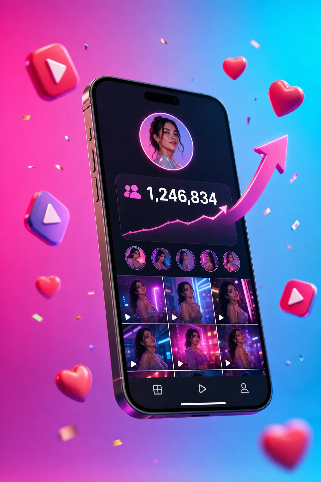 Teléfono mostrando un perfil de TikTok con más de un millón de seguidores y una curva de crecimiento en ascenso